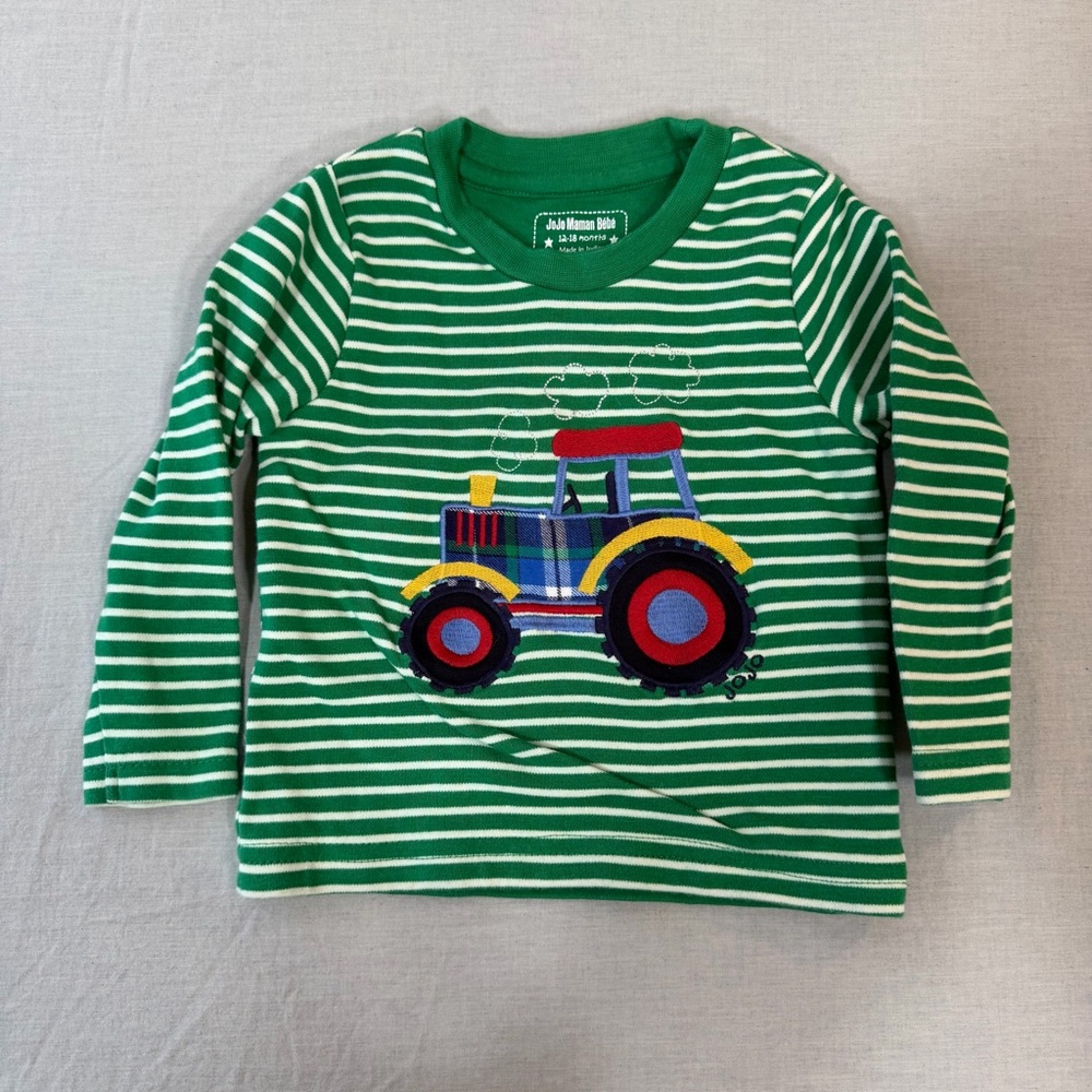 JoJo Maman Bebe Green Striped Long Sleeve with Tractor